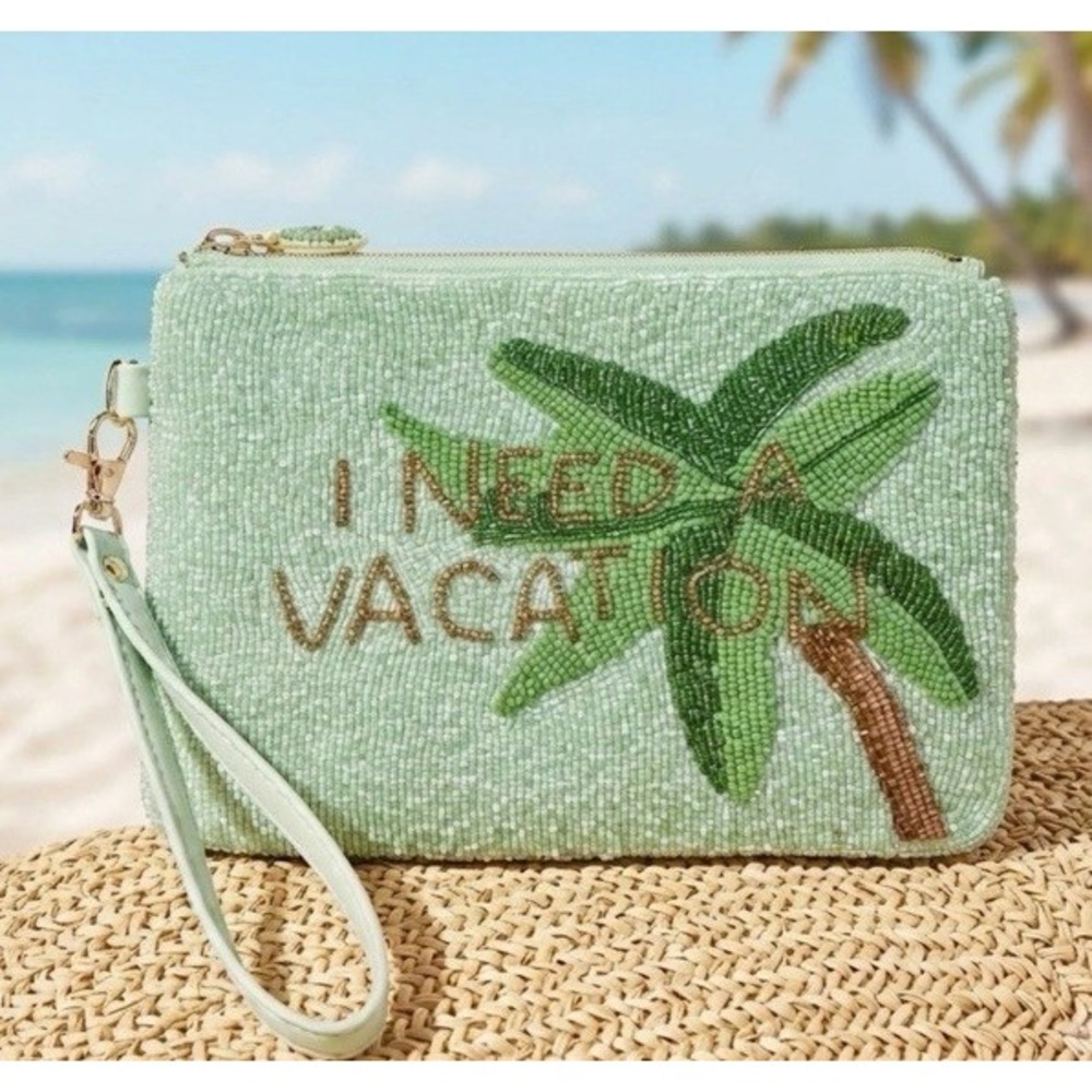 New House Of Harlow Green I NEED A VACATION Palm Beaded Clutch Wristlet Bag 6x9